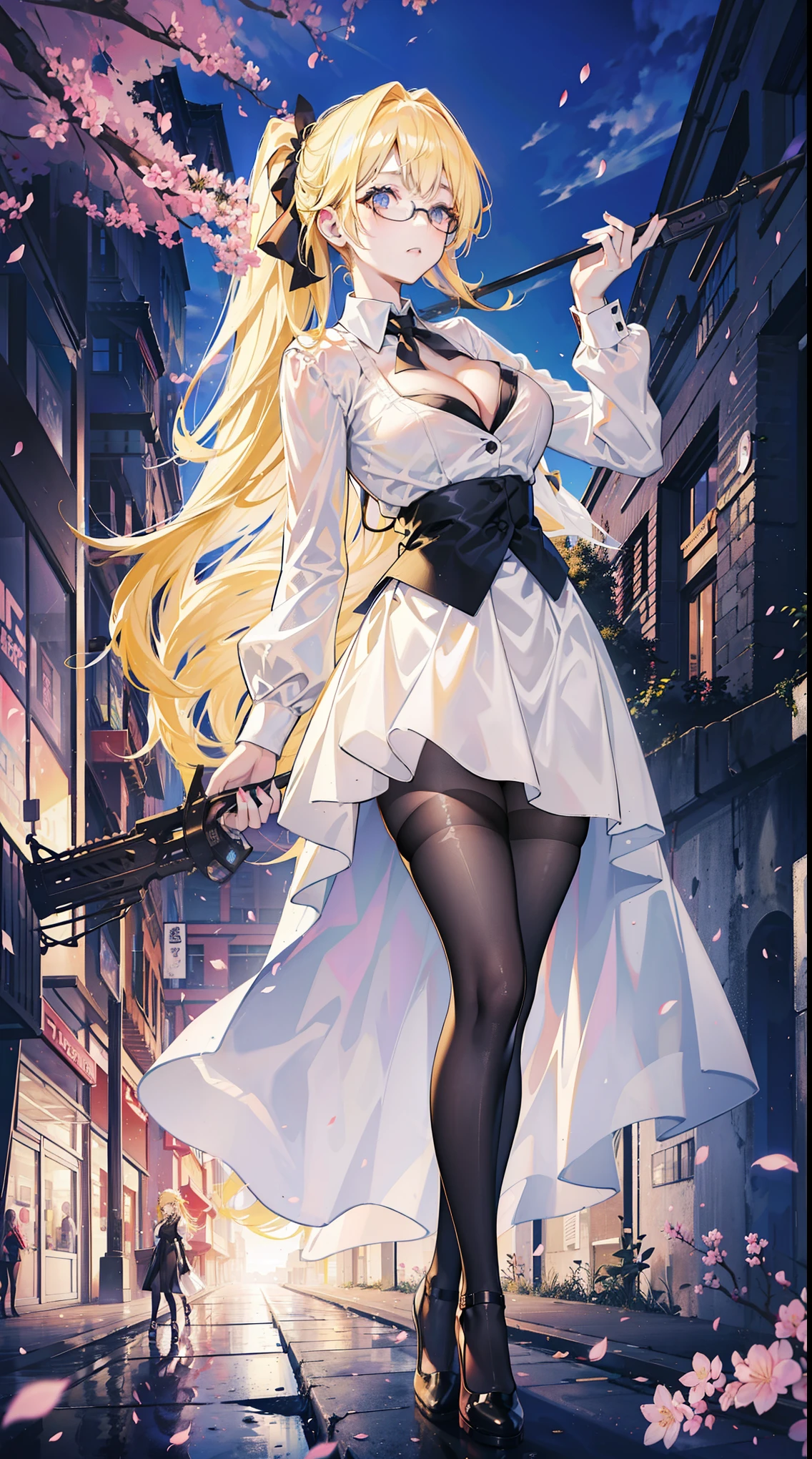 Young and beautiful Kathryn Newton, Glasses, White dress shirt, Very deep neckline, Black Mini Dress, Dark pantyhose, Surreal, , Model figure, Large Breasts, Beautiful breasts, Big Ass, Long hair, Ponytail, Blonde hair, Long legs, 8K, futuristic city, Cherry blossoms, sunrise, LED lighting, Anime style, (((Cleavage)))