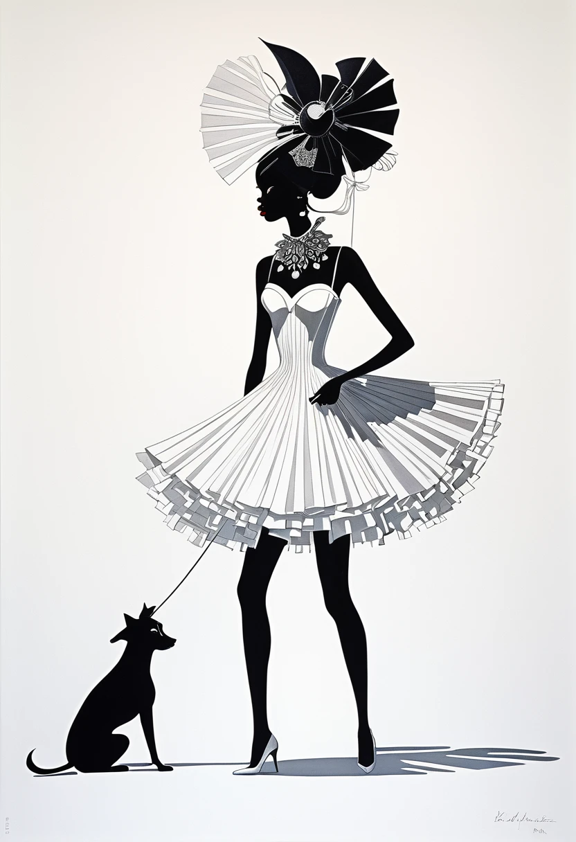 Lady radiating cheer and beauty accompanied by her diminutive canine, interpreted through the multilayered styles of Kara Walker's intricate silhouettes, Enki Bilal's expressive cybernetic themes, and Remedios Varo's mystical elements, contrasted with Kumi Yamashita's delicate details, Tim Noble and Sue Webster's recycled art materials, Shigeo Fukuda's superflat design, and Larry