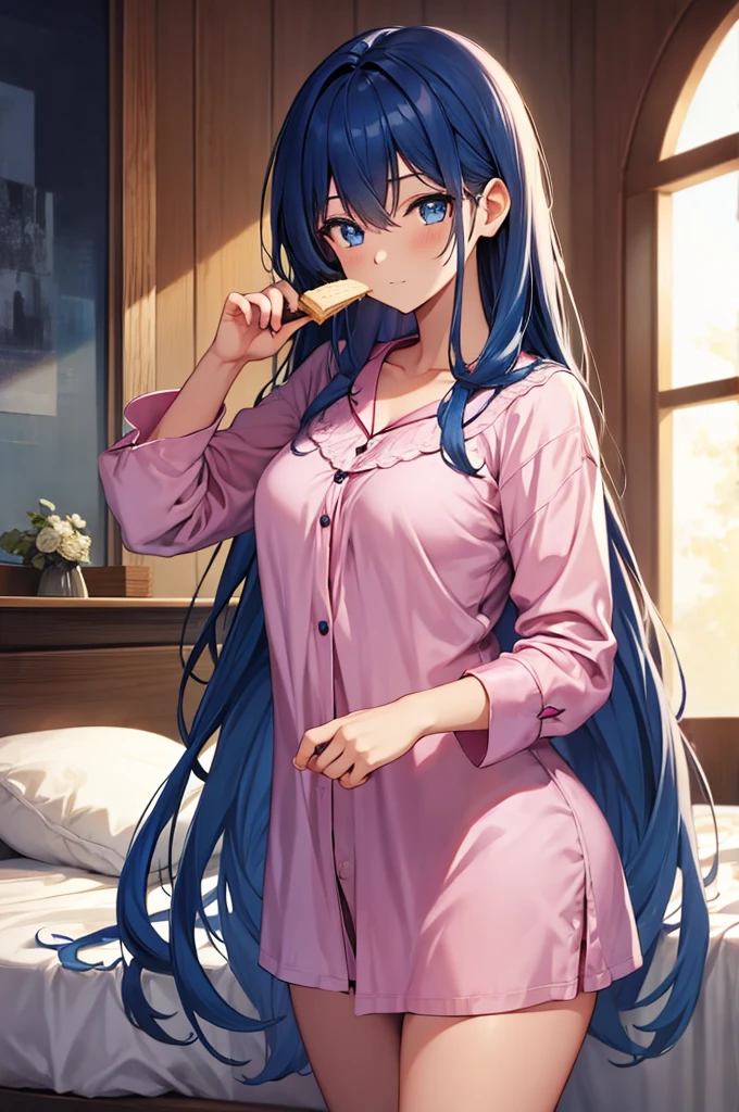 (masterpiece:1.3), (best quality:1.1), (8k, ultra detailed, ultra high res:1.2), ((anime style)), perfect 5 fingers, perfect anatomy, 
1girl,
BREAK long hair, blue hair, blue eyes, 
[medium breasts], 
BREAK Satin Nightgown, pink pajamas, 
open mouth, (eating soft serve ice cream:1.1), 
upper body, 
(moon light, indoors, inside, on a bed, wariza, midnight:1.2), 