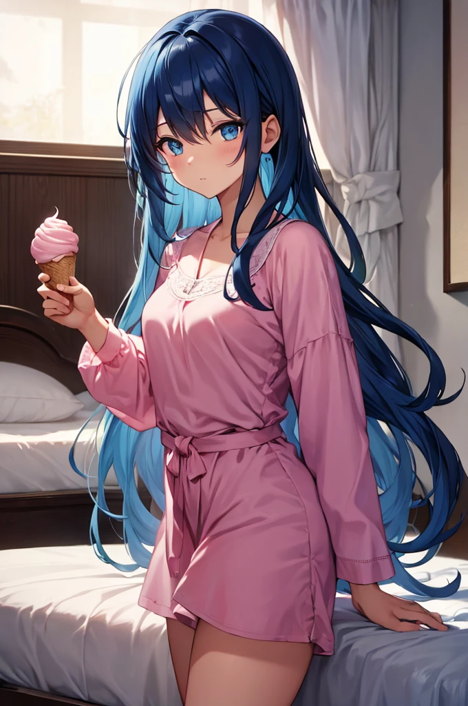 (masterpiece:1.3), (best quality:1.1), (8k, ultra detailed, ultra high res:1.2), ((anime style)), perfect 5 fingers, perfect anatomy, 
1girl,
BREAK long hair, blue hair, blue eyes, 
[medium breasts], 
BREAK Satin Nightgown, pink pajamas, 
looking at viewer, (eating ice cream:1.2), 
cowboy shot, 
fair skin, wet skin, 
moon light, indoors, inside, on a bed, wariza, 