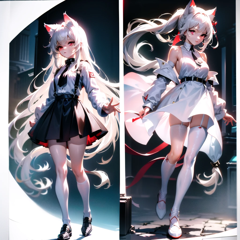 8 year old girl white hair ,Red eyes(one lens),a white dress(that reaches your knees) a little chubby,.