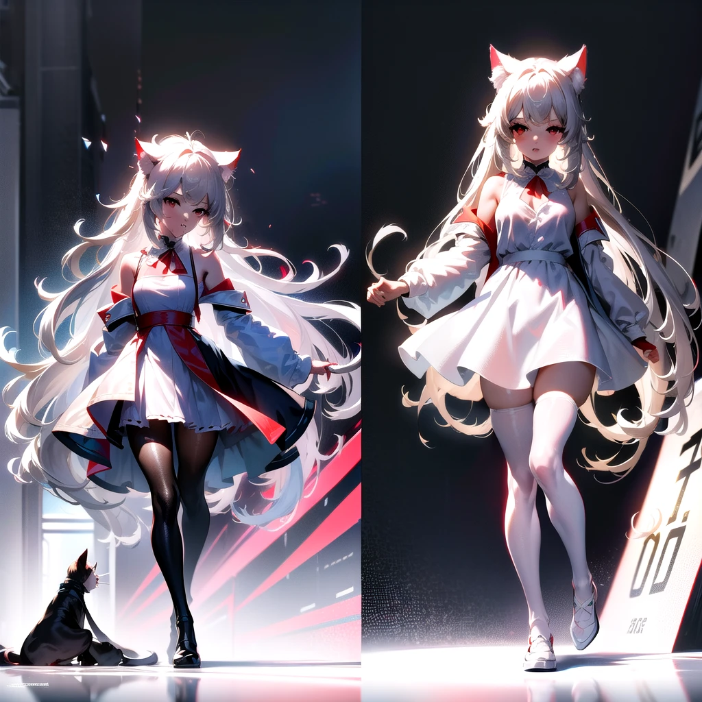 gym storeroom, Koneko Toujou (DXD), 1girl, white cat ears, (classic uniform), white cat tail, school hallway, red skirt, small breasts, black ribbon,, masterpiece, best quality, highly detailed