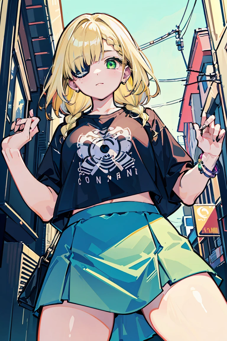 (1 Girl), (((One eye is hidden by hair))),Squat, Lots of silver accessories, big 1.3 ,skirt, Cool Fashion , ((Angle from below)), Cowboy Shot, Punk Fashion,(super high quality), masterpiece, cute, Casual Scene, Relaxed atmosphere, She is wearing fashionable clothes, beautiful表情 , Warm sunshine, Street atmosphere, urban environment. Perfect body,Fresh, (Asymmetrical bangs:1.3), Braided hair, Highly detailed face and eyes, (Blonde, Gradient light green eyes:1.2),(Shining highlight eye), Digital Art, beautiful, Cinema Lighting, yusuke murata.tonality, Romanticism, modern art, Impressionism, reflected light, 8K, masterpiece, Advanced Details, Highest quality