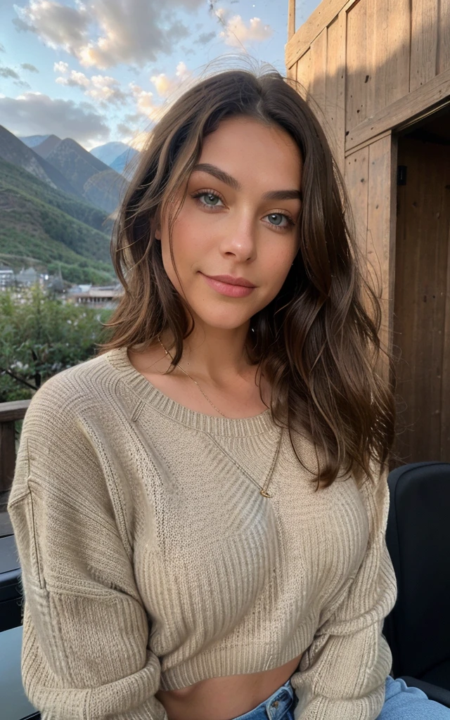 A 22-year-old woman with an elegant appearance. A 22-year-old model posing at a mountain retreat during the day. The background shows majestic mountains and a clear blue sky. My long, wavy chestnut hair cascades over my shoulders and frames my face, highlighting my green eyes. My full, dark red lips are shaped into a smile. My button nose is sprinkled with freckles, contrasting with my tanned skin. My eyebrows are thick and dark, giving me a seductive look. My cheekbones are high and defined, and my eyelashes are long and curled. My curves are accentuated. My pose is elegant and relaxed, with my body facing the camera and my face turned to one side. I’m wearing a cozy sweater and high-waisted pants, perfect for the mountain weather. My hair is loose, and my makeup is light and natural. The shot is taken from a distance, with the camera positioned slightly lower to emphasize my beauty. There is a serene, peaceful atmosphere, and I am laughing and smiling, looking happy. My teeth are white. My hands are not in the frame. The photo quality is from an iPhone 13.