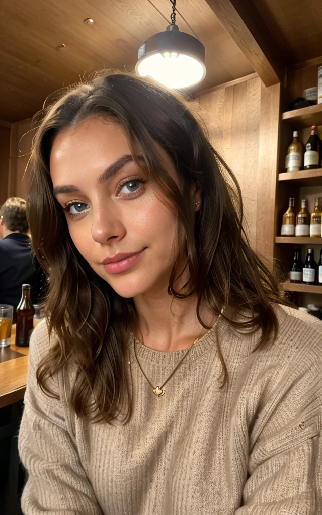 Beautiful brunette, wearing a beige sweater (22 years old, face innocent, Natural wavy hair, blue eyes),A bottle of craft beer on the table and a woman ((Selfie am upper body, a happy one)), tMasterpiece, beste-Qualit, ultradetailed, 独奏, Outside, (the night), Mountains, Natur, (the stars, Officer) cheerful, analog style (Look at the viewer: 1.2) (Skin texture) (film grains: 1.3), (warm hue, warmer Ton: 1.2), a close-up of a, Cinema light, side light, extra high resolution, better shadow, SPIRIT, upper body, pullover