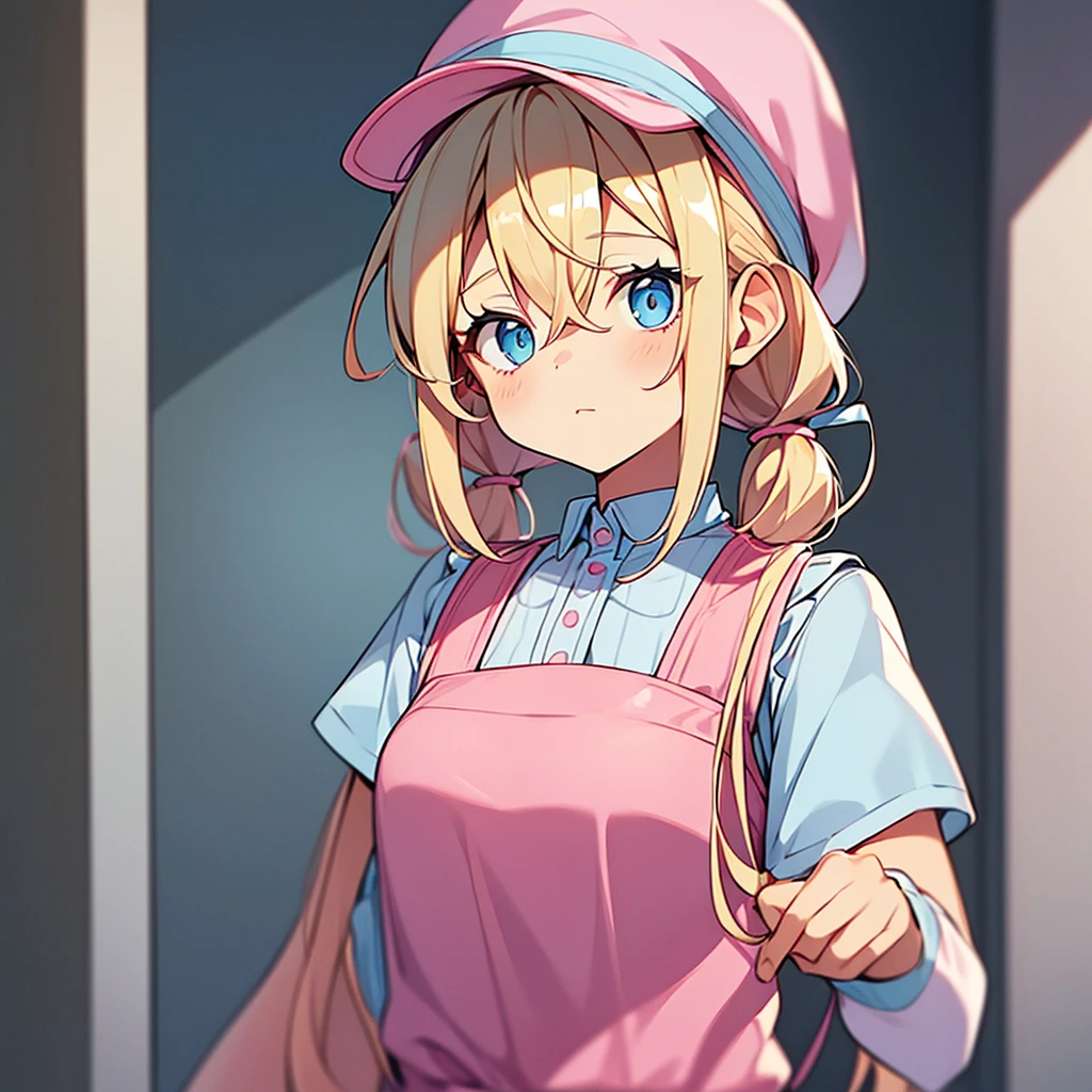 an adult woman, blue eyes, Blonde, hair in two pigtails, pink vests, pink dress with white overalls, a pink hat on her head, in a calm and sweet environment, photography as for social media profile 