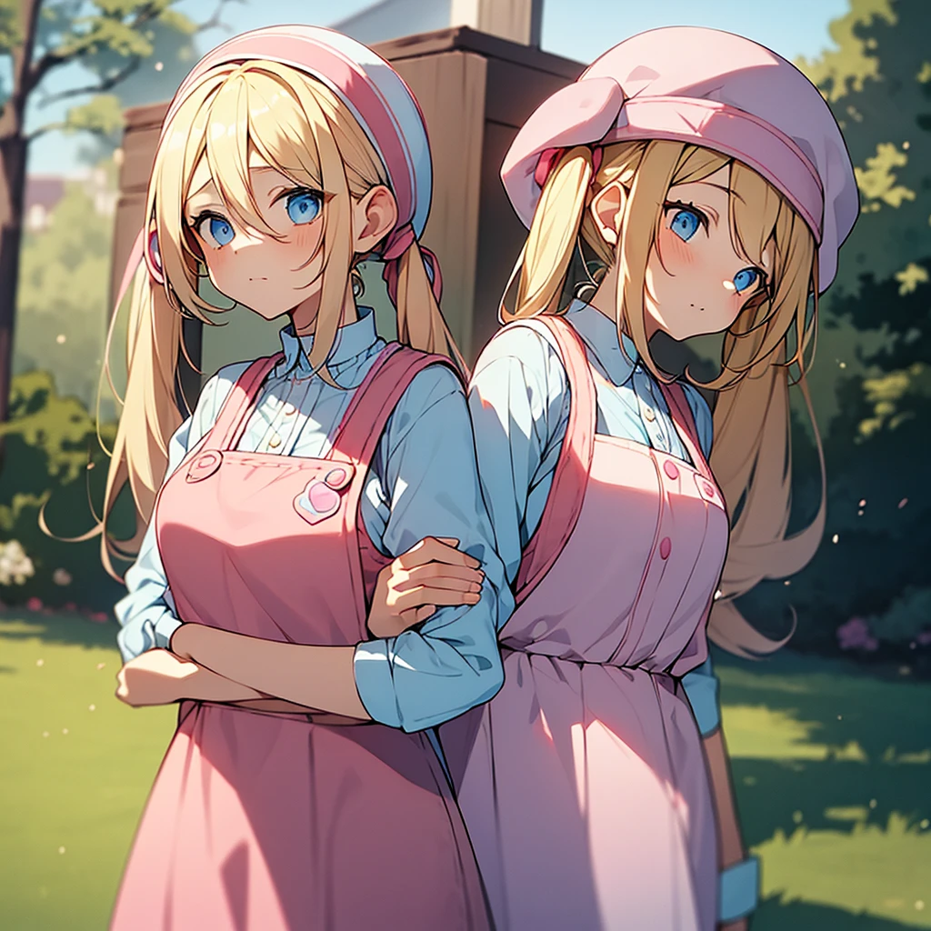 an adult woman, blue eyes, Blonde, hair in two pigtails, pink vests, pink dress with white overalls, a pink hat on her head, in a calm and sweet environment, photography as for social media profile