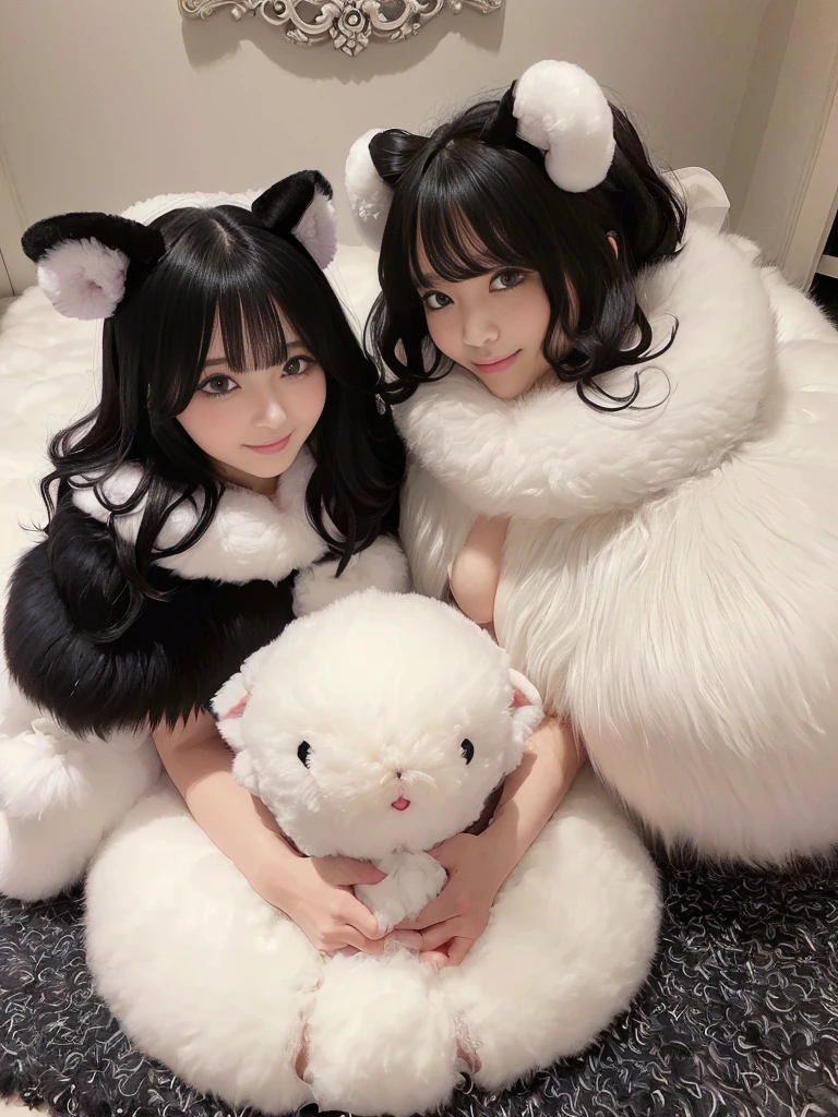 fluffyの毛皮。fluffy。((gorgeous, ふかふかのMoutonのじゅうたん、Mouton))(smile)(((Pair of women、Feminine room、Beautiful black hair)))。((Wedding dress、Fluffy carpet、Fur Cape))。Fisheye Lens。