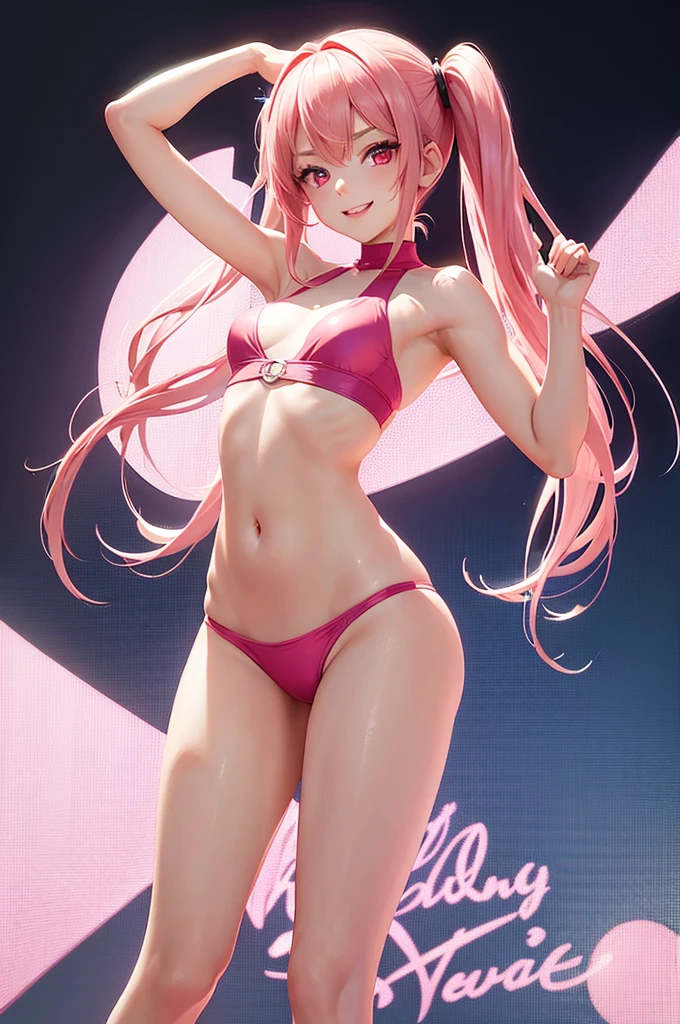 girl，Young，（masterpiece，Highest quality），Street，Completely naked，Bare shoulders、Gal、Pink Hair、smile、passionate、long hair、(Underboob)，Big Breasts，Cleavage，(stomach)，Black mini tube top、looking at the camera、barefoot、A very short black miniskirt，(Ultra Micro Mini Pleated Skirt)，Strong winds、solo、Are standing、barefoot，sexy