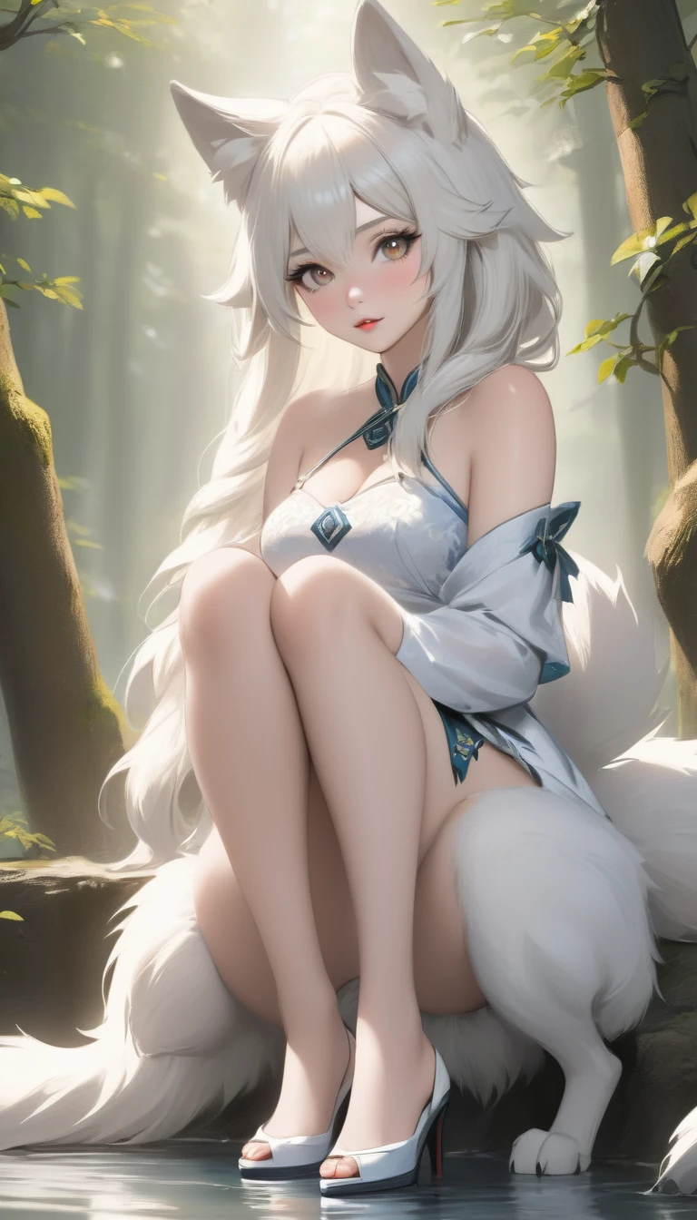 high detail, super detail, super high resolution. Extremely sexy and beautiful girl, with a beautiful face, delicate face, Beautiful lips, White skin, curvy body, beautiful feet and thighs, White hair, white wolf ears and wolf tail, low-cut japanese dress.