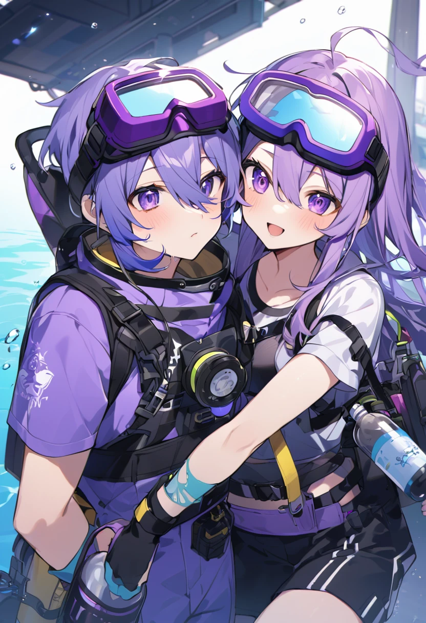 Keito。Purple Eyes。Purple Hair。Diving goggles on eyes。Carry an oxygen tank on one&#39;s back。Oxygen mask。Purple diving suit。Diving fins。