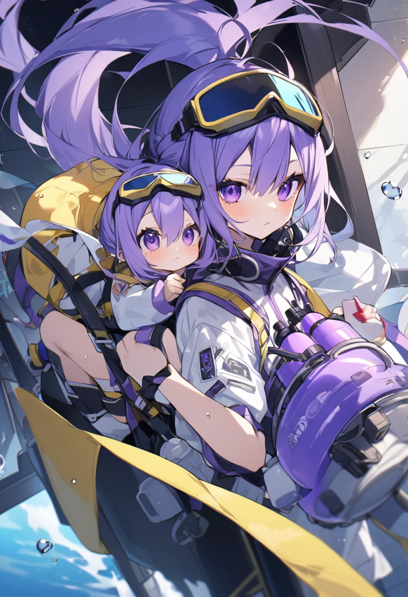 Keito。Purple Eyes。Purple Hair。Diving goggles on eyes。Carry an oxygen tank on one's back。Oxygen mask。Purple diving suit。Diving fins。