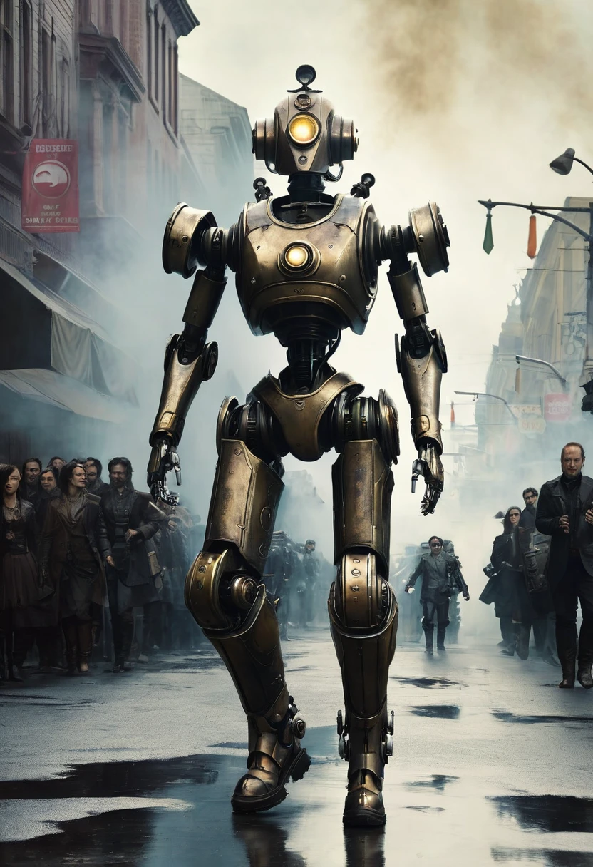 there are many robots walking down the street in this picture, eve ventrue, film still from the movie, smogpunk, army of robots, trending on 500px, inspired by Mirabello Cavalori, steampunk motorcycle, trending on artstattion, by Ryan Barger, widescreen shot, inspired by Tadeusz Pruszkówski  