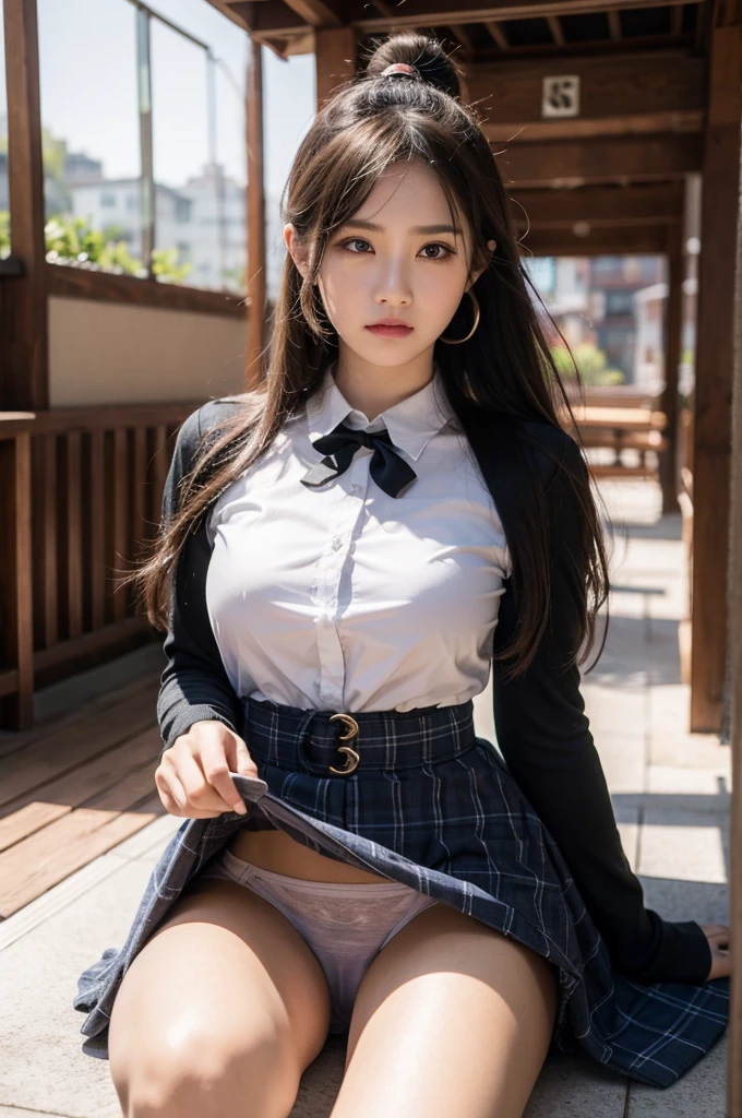 a beautiful girl, asian girl, (beautiful face:1.5), looking at viewer, (frown:1.5), (cry), (lift skirt by self, skirtlift), (panties:1.2), good hands, good fingers, (ultra high res), (raw photo), sharp focus, (ultra-realistic photo), best quality, top quality