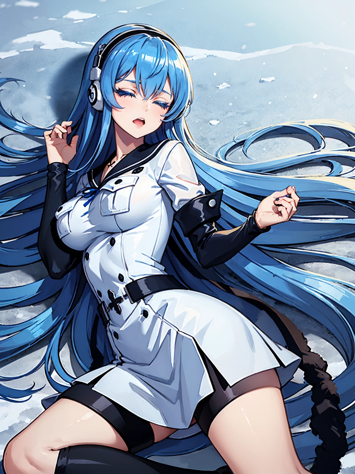 (artwork, best quality) a girl with long blue hair, closed eyes, blue eyelashes, white sailor suit, big breasts, perfect body, beautiful eyes, good waist, tattoo, screaming with joy, listening to music with a headset, lying in the snow