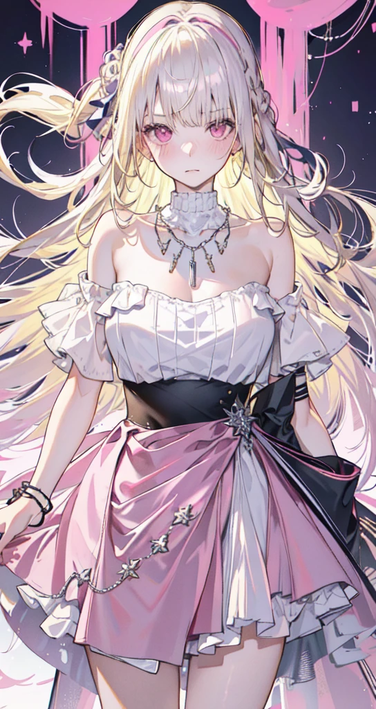 masterpiece, best quality, whole body, 1 Girl, Bangs, silver necklace, Blonde hair, Pink Eyes, blush, bracelet, Huge breasts, Clothes around the waist, clavicle, Gradient hair, Shy, Jewelry, Long hair, Looking at the audience, Loose necklace, lattice, lattice skirt, pleated skirt, short skirt, ring, white Women&#39;s shirts, off-shoulders Women&#39;s shirts, Women&#39;s shirts, skirt, brown skirt, Innocent, Solitary, street, Sky, Cherry blossoms, petal, illustration, Fashionable, Miss, Energetic, Full set of clothing, Strike a pose, front, rich and colorful, Dynamic, background, Express, statement, Accessories, majestic, curled, Touch, Scenes, striking, fashionable, striking, Modern, trend, Key Points, Fashion, Sexy, Tempting breasts, Cute girl, Top of crop