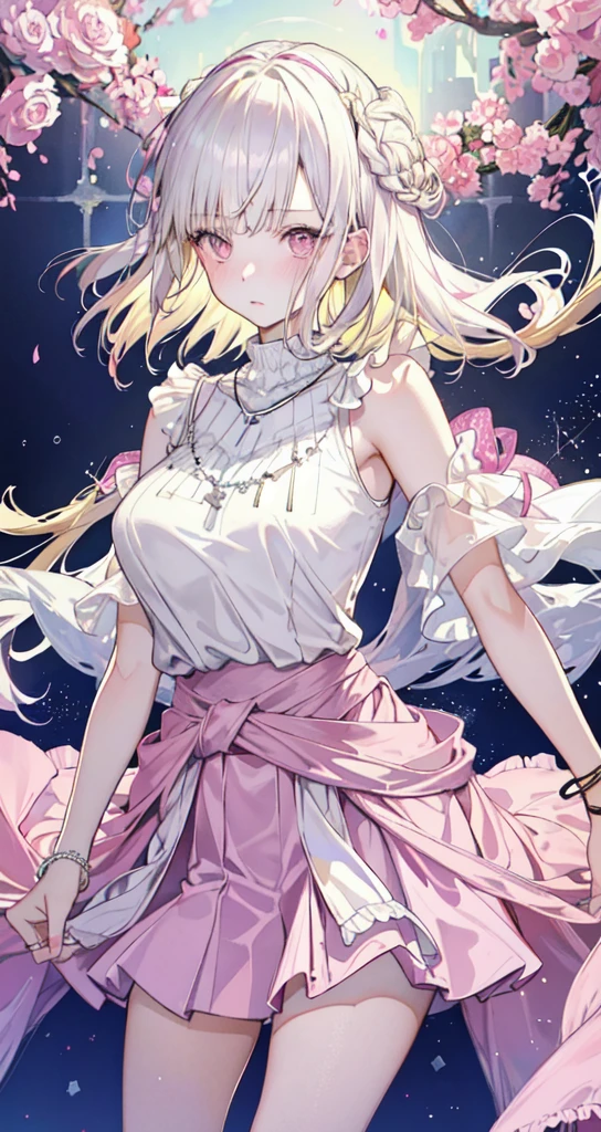 masterpiece, best quality, whole body, 1 Girl, Bangs, silver necklace, Blonde hair, Pink Eyes, blush, bracelet, Huge breasts, Clothes around the waist, clavicle, Gradient hair, Shy, Jewelry, Long hair, Looking at the audience, Loose necklace, lattice, lattice skirt, pleated skirt, short skirt, ring, white Women's shirts, off-shoulders Women's shirts, Women's shirts, skirt, brown skirt, Innocent, Solitary, street, Sky, Cherry blossoms, petal, illustration, Fashionable, Miss, Energetic, Full set of clothing, Strike a pose, front, rich and colorful, Dynamic, background, Express, statement, Accessories, majestic, curled, Touch, Scenes, striking, fashionable, striking, Modern, trend, Key Points, Fashion, Sexy, Tempting breasts, Cute girl, Top of crop