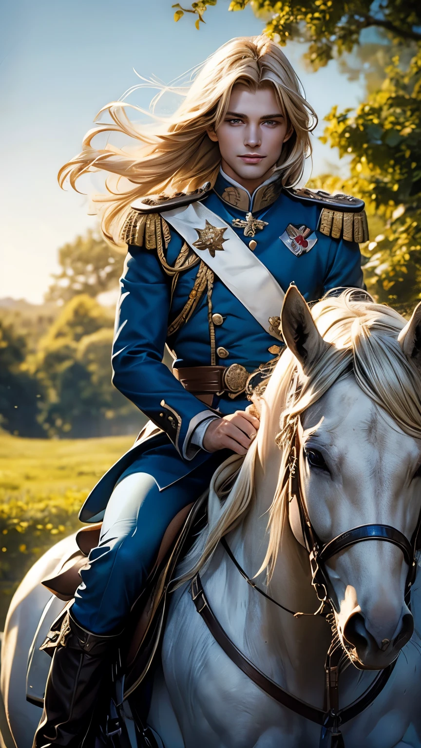 Blond man,Age 25,Beautiful Face,Blue Eyes,Shoulder-length hair,Center Part,Prince,uniform,Riding a white horse,A place rich in nature,Smiling at me from horseback