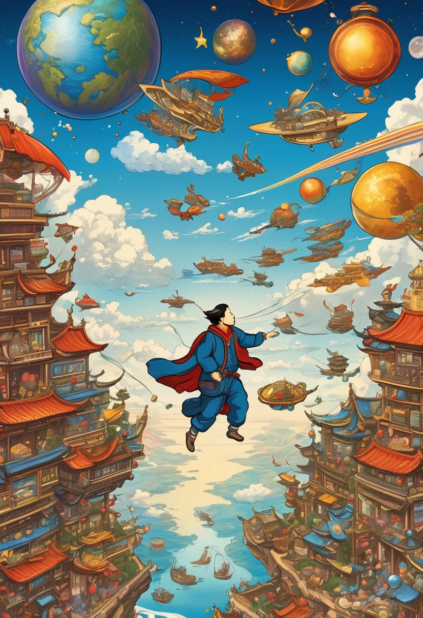 A man flies through the sky，Surrounded by a planet，A variety of goods surround it。The man holds the map，'s illustration。
