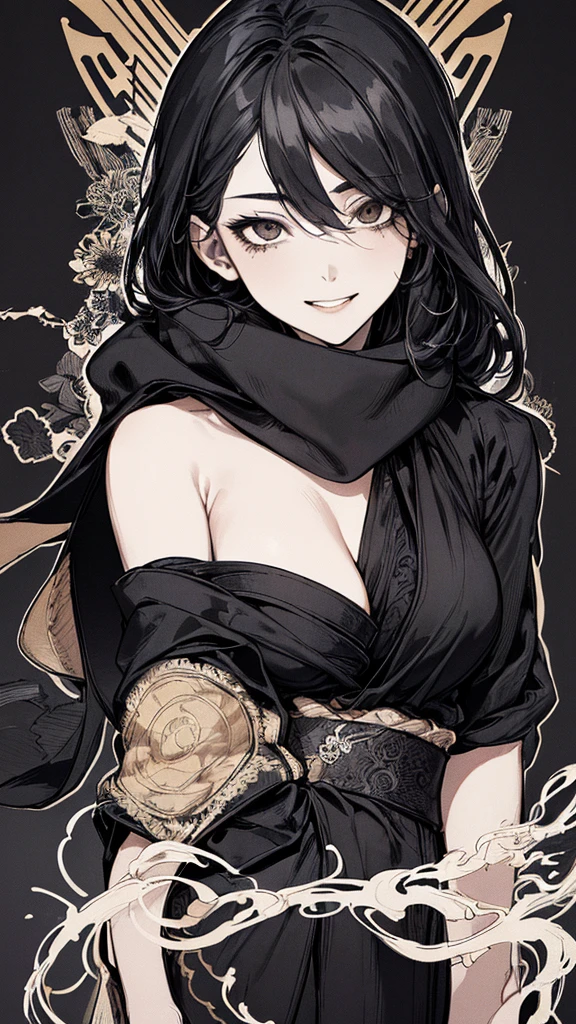Highest quality, (Background details), High Contrast, Very beautiful woman, Detailed original illustrations, functional, Delicate face, Black Hair、Ninja, Ninja costume, scarf, Cover your face with a hand towel, charm, Naughty kid, sexy, Real breasts, Crazy Smile, Crazy Eyes, Black Robe, Black background, (Black background: 1. 5), Beautiful line art, Monochrome