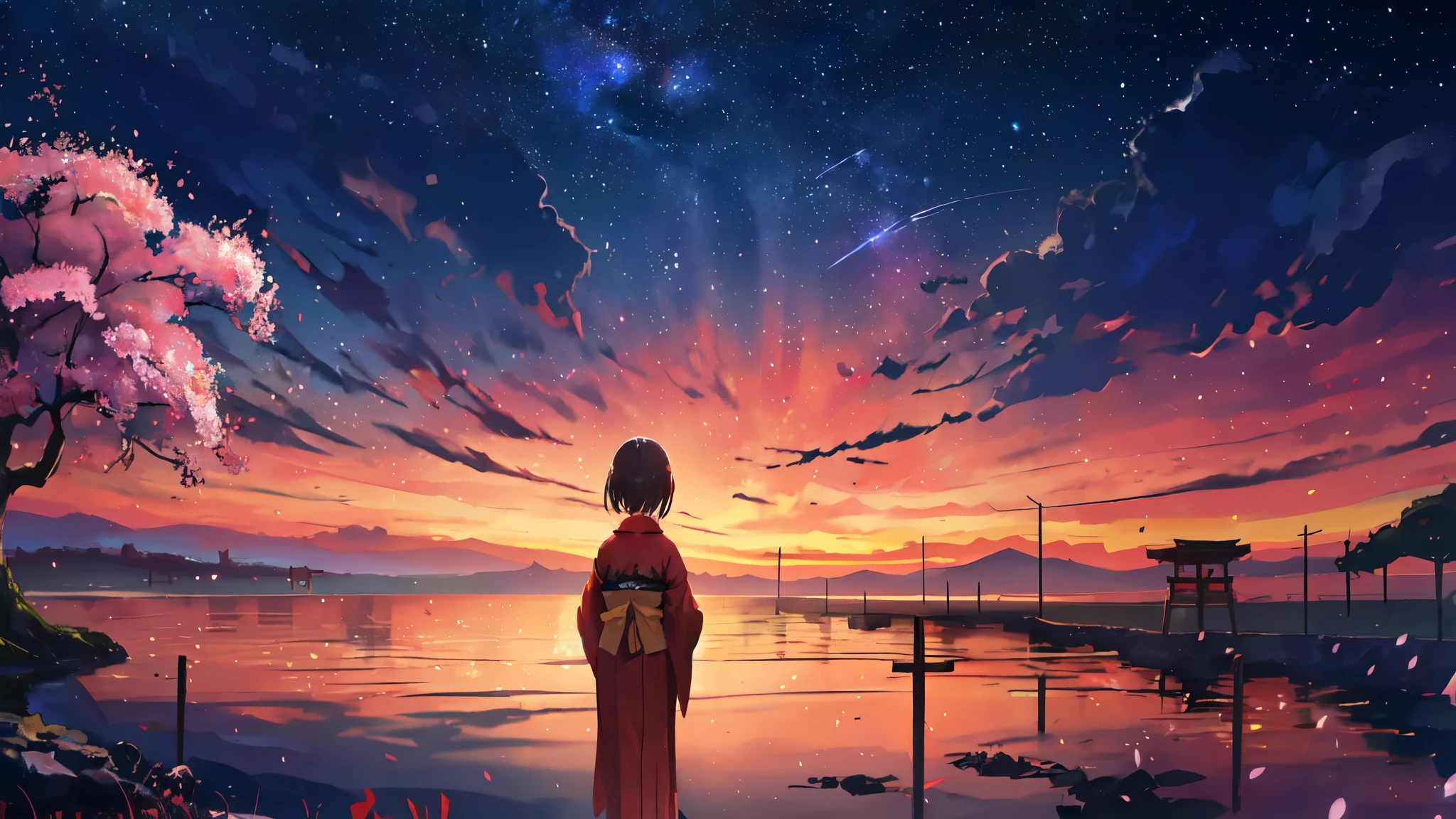 One girl, distant girl wearing a kimono staring at the performer, (Zoom out:1.1), (Meteors:1.2), (comet:1.1), yourname, Low - Angle, From behind, Aloura Borealis, shooting star, yukata, Red kimono, cherry blossoms, Standing in the field,Highest quality, masterpiece, cloud,colorful, Starry sky,performer,