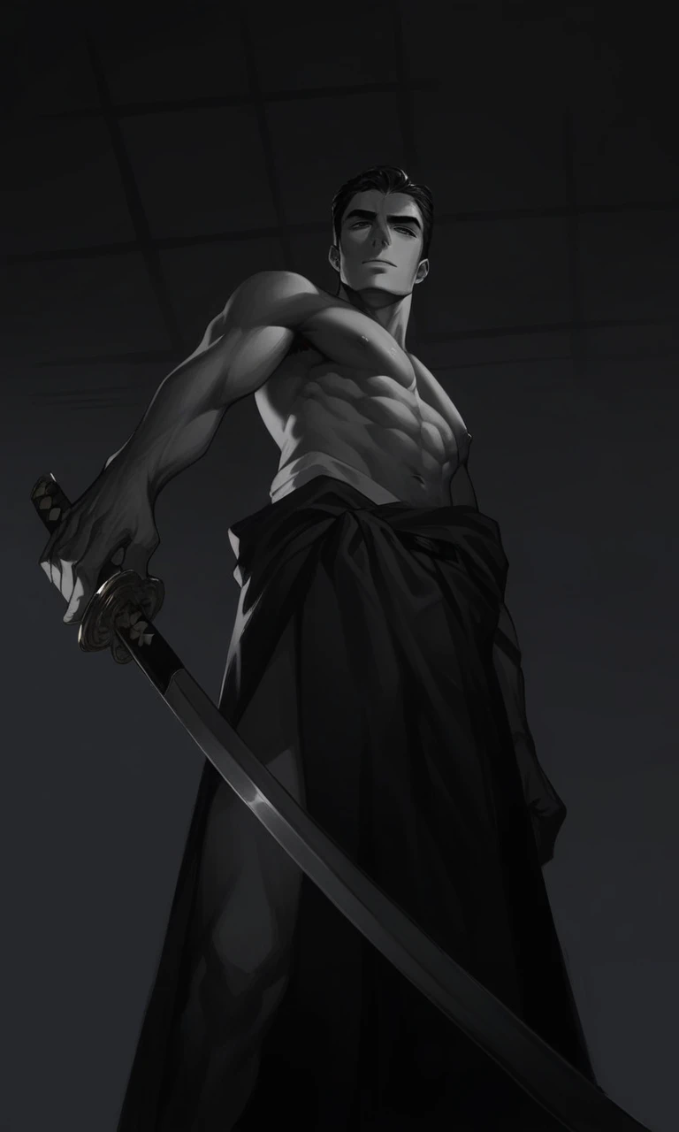 beautiful man, shiny katana, splendid body, male beauty, HD quality, 4K quality, digital art.