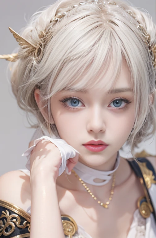 18-year-old, Close up portrait of woman in Ancient Greek clothing、Shoulder out、thin、Serious expression、Short-haired、Deadly position, Gorgeous Necklace, Light milky porcelain skin, Smooth, transparent white skin, Enchanting anime girl, Beautiful and seductive anime woman, Ultra realistic sweet bunny girl, Pale porcelain white skin, Smooth, realistic and perfect body, Anime Girl Cosplay, Perfect body with realistic shadows, Gweitz masterpiece