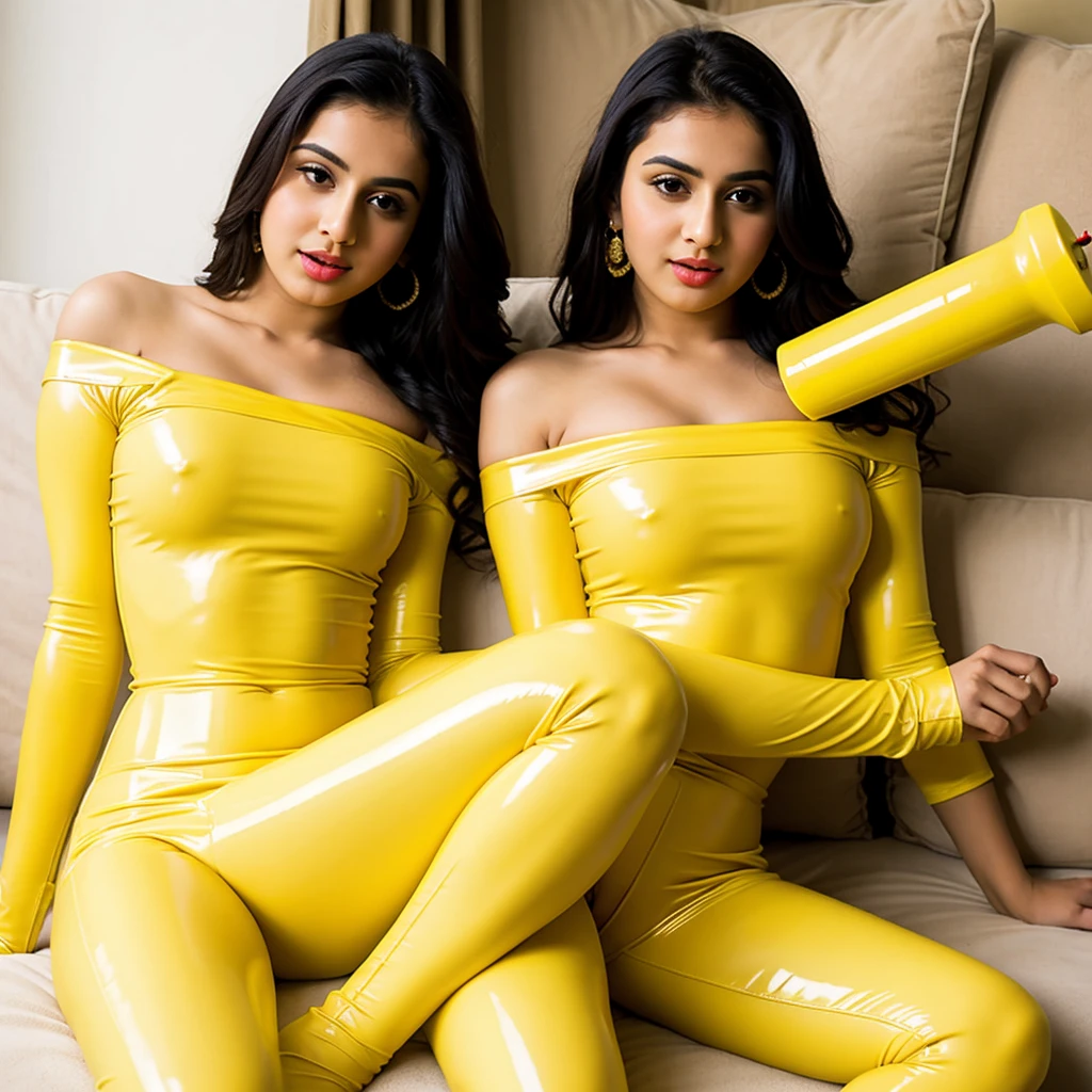 ((best quality)), ((masterpiece)), (detailed), girls, off-shoulder yellow latex outfit, small  punjabi girls giving blowjobs to dildos, naughty, cute, small , 