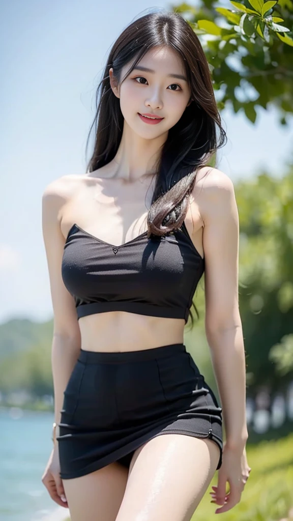 by the sea,There is a beauty that catches the eye。She has a slim figure,Wear a short skirt,Crop topping,Dance,It looks more elegant。In terms of appearance,She has long black and shiny hair,The skin is as fair as jade,The facial features are delicate and picturesque,Especially those big bright eyes,It seems to be able to see through people's hearts。She often has a smile on her lips,Exudes charming confidence and charm,Best quality,Face to face audience,