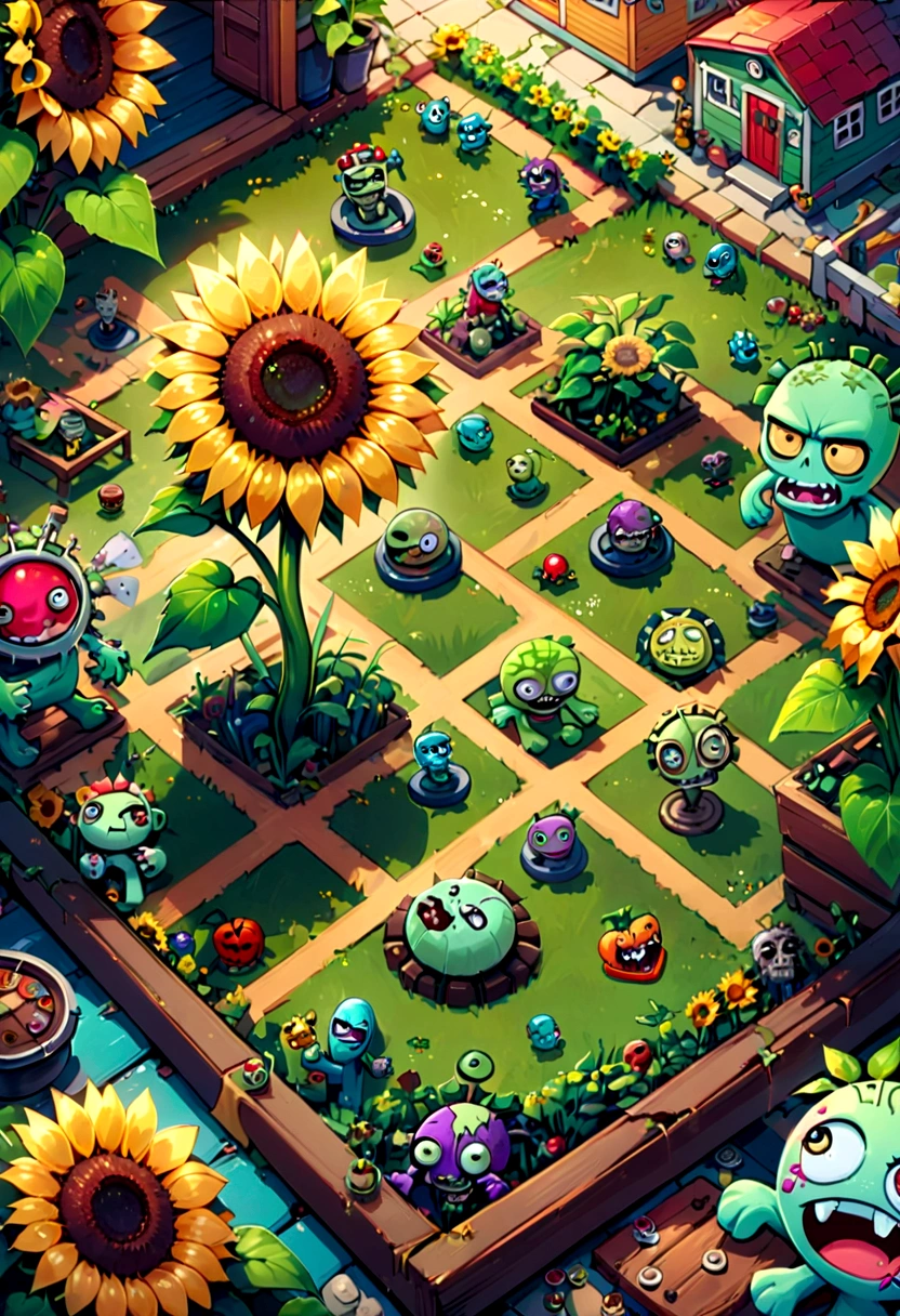 board game, Plants vs. Zombies, Battle between plant mascots area and zombie character area, Adorable plant mascots, Cute sunflower mascot, Zombies that are both repellent and attractive at the same time, 