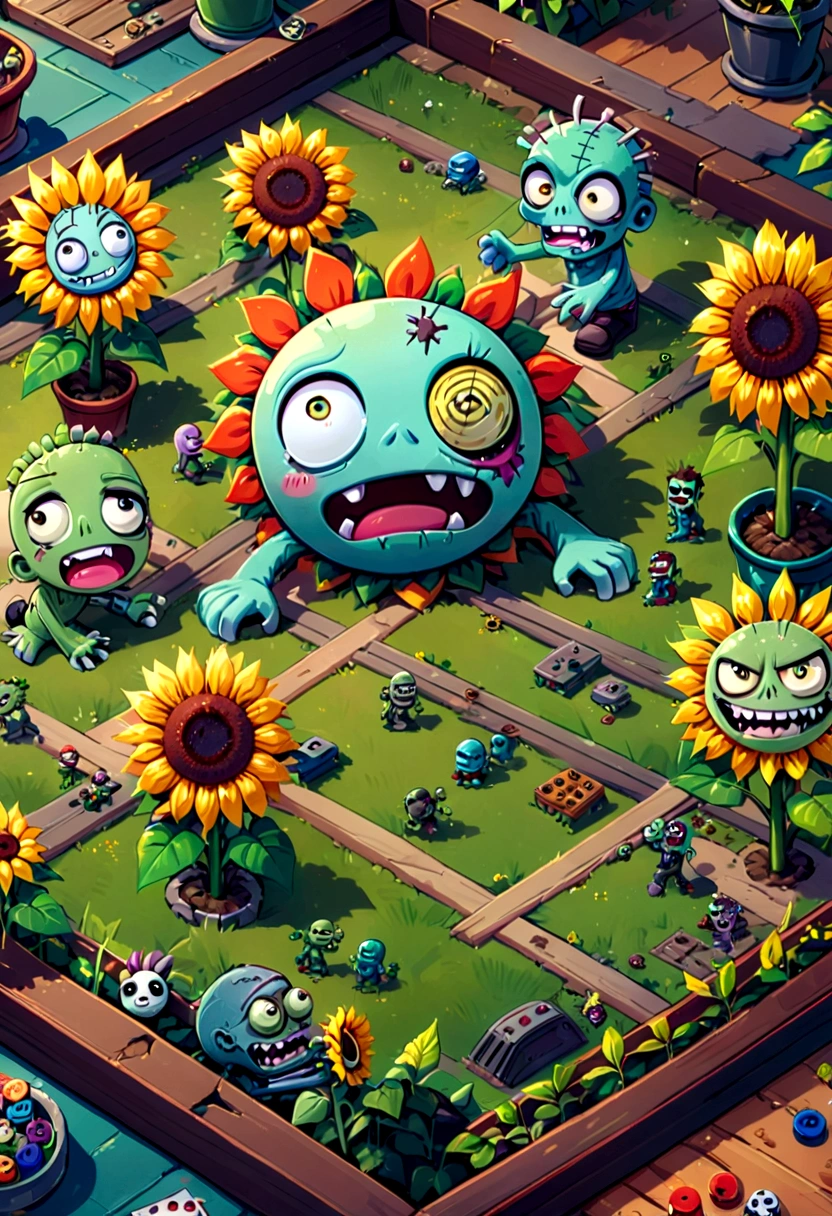 board game, Plants vs. Zombies, Battle between plant mascots area and zombie character area, Adorable plant mascots, Cute sunflower mascot, Zombies that are both repellent and attractive at the same time, 