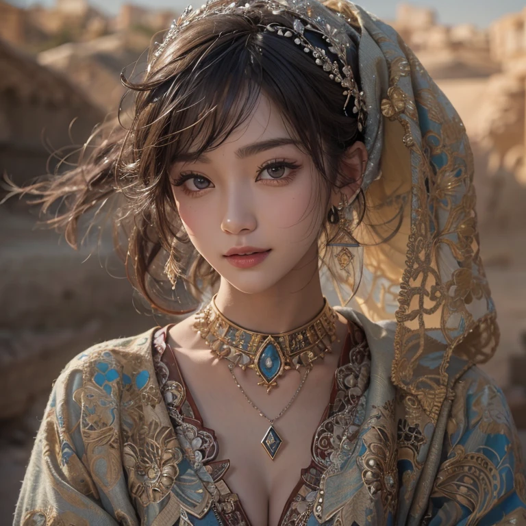 Hiding in the desert、Hair Flow、 ((Highest quality、masterpiece、8K、Best image quality、Ultra-high resolution、Award-winning works)、(Accurate anatomy:1.1)、(Look at me and smile:1.1)、Shining fair skin with Ultra-high resolution、The most detailed face、Ultra-high resolution detailed face、Ultra-high resolutionの髪の毛、(Ultra-high resolutionの煌めく瞳:1.1)、Beautiful face drawn in every detail、(Blurred Background:1.1)、Ancient Islamic clothing, Chest to chest, tattoo, Old ruins in the background、Black Authentic Dress Up Elegant Armpit