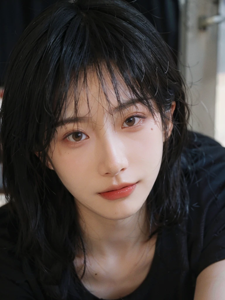 (Skin details:1.4), (smooth skin textures:1.3), (Upper body:1.4),(Upper Body:1.3),(Black clothes:1.4),Lipstick, background, earrings, serene, calm, (Realistic and detailed eyes:1.2), Natural skin texture, Realistic facial details, Soft dramatic lighting, Vivid details, 35 mm film, outdoor, (Photo Practical:1.4), (hyper Practical:1.4), (Practical:1.3), (Smoother lighting:1.05), (Improve lighting quality:0.9), (Highest quality real skin textures:1.4), Exquisite eyes, Delicate face, Close-up of face, (Enhance the beauty of skin texture:1.1),0Normal body proportions, short hair, Moles under the eyes, A faint smile,Portrait Photography, Depth of Field, Bokeh, Surrealism, Ray Tracing, (Portrait Photography:1.1), Surrealism, High Detail, Chiaroscuro, Ray Tracing, reflected light, Ultra HD, Ultra HD, masterpiece, Textured Skin, Super Detail, High Detail, high quality, best quality