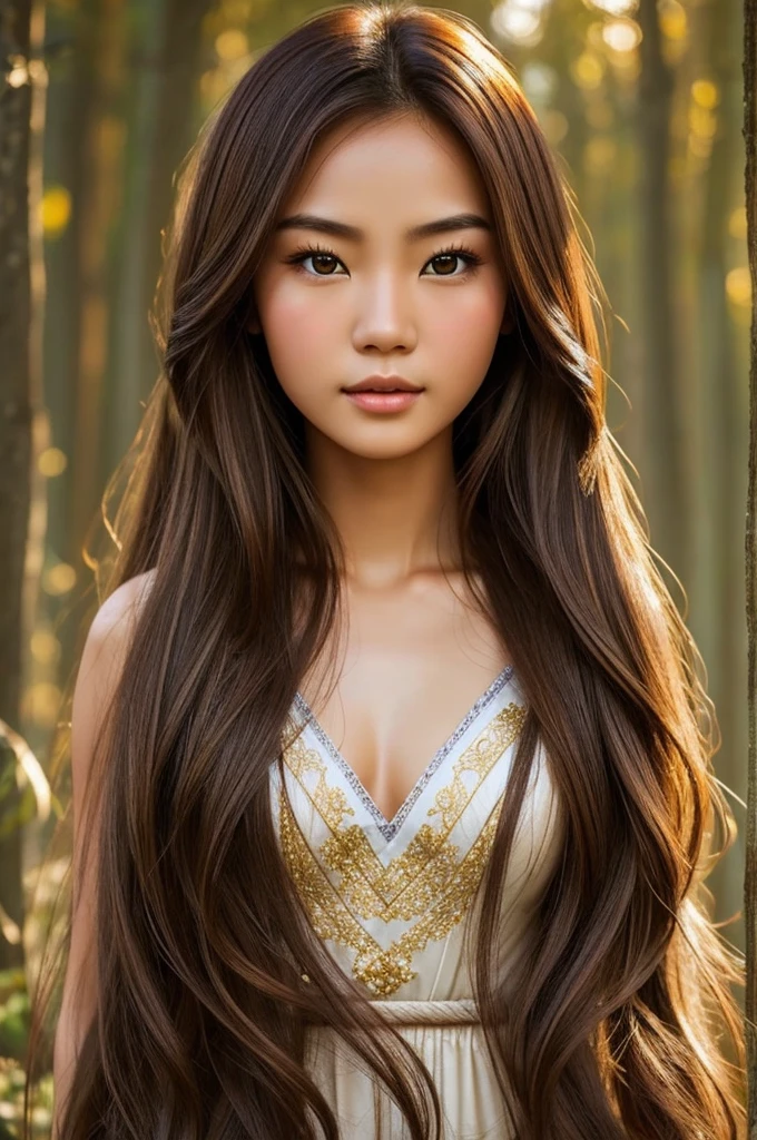 Generate an image of a beautiful half-Thai, half-Chinese woman with the following features:
- Fair skin tone
- Long brown hair 
- Brown eyes
- Appear as if she is from a fairy tale

```
The image should be a portrait-style composition showcasing the character's face, hair, and upper body