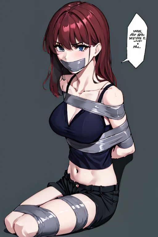 (absurdres, 8k, 4k, masterpiece, hyper extreme detailed:1.2), solo, 1girl, front view, portrait, best quality, perfect face, 1girl, portrait, solo, standing, Female, toned body, mature female, EJP breasts, , long hair, delinquent, sarcastic, swept bangs, midriff, exposed collarbone, exposed left shoulder, standing up, half body, shorts, bound, bondage, (arms behind back:1.4), bdsm, tape gag, tape, tape bondage, restrained, tape wrapped, wrap gag, bondage, taped wrists, taped breasts, taped mouth, taped elbows, taped forearms