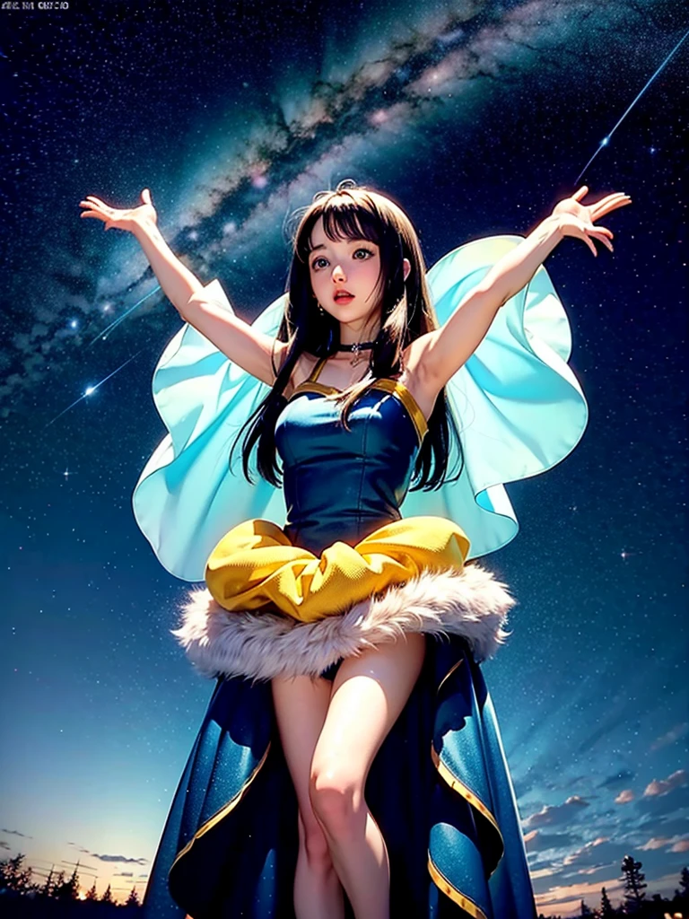 Anime girl, HD, looking up to the sky, is sad, falling stars, longing look, medium length hair, blue golden mixed eyes, wearing ball gown, hand reaching up to the sky