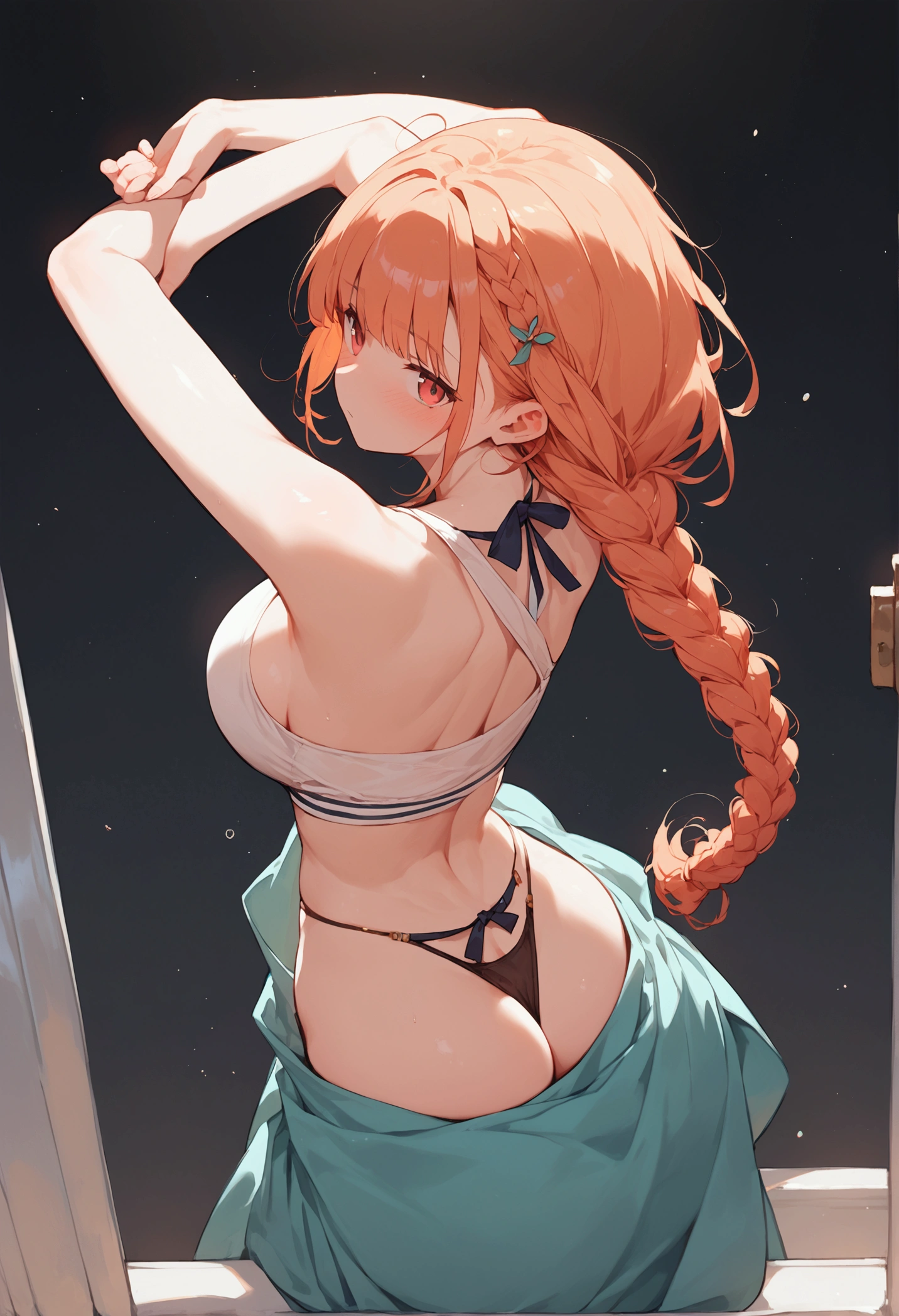 score_9,score_8_up,score_7_up,score_6_up,1girl, stretching,big breasts, eyes, blush, looking at viewer, pov, from back, solo focus,wide hip, thong, hair, braid,(no background,black background:1.1),masterpiece, best quality,