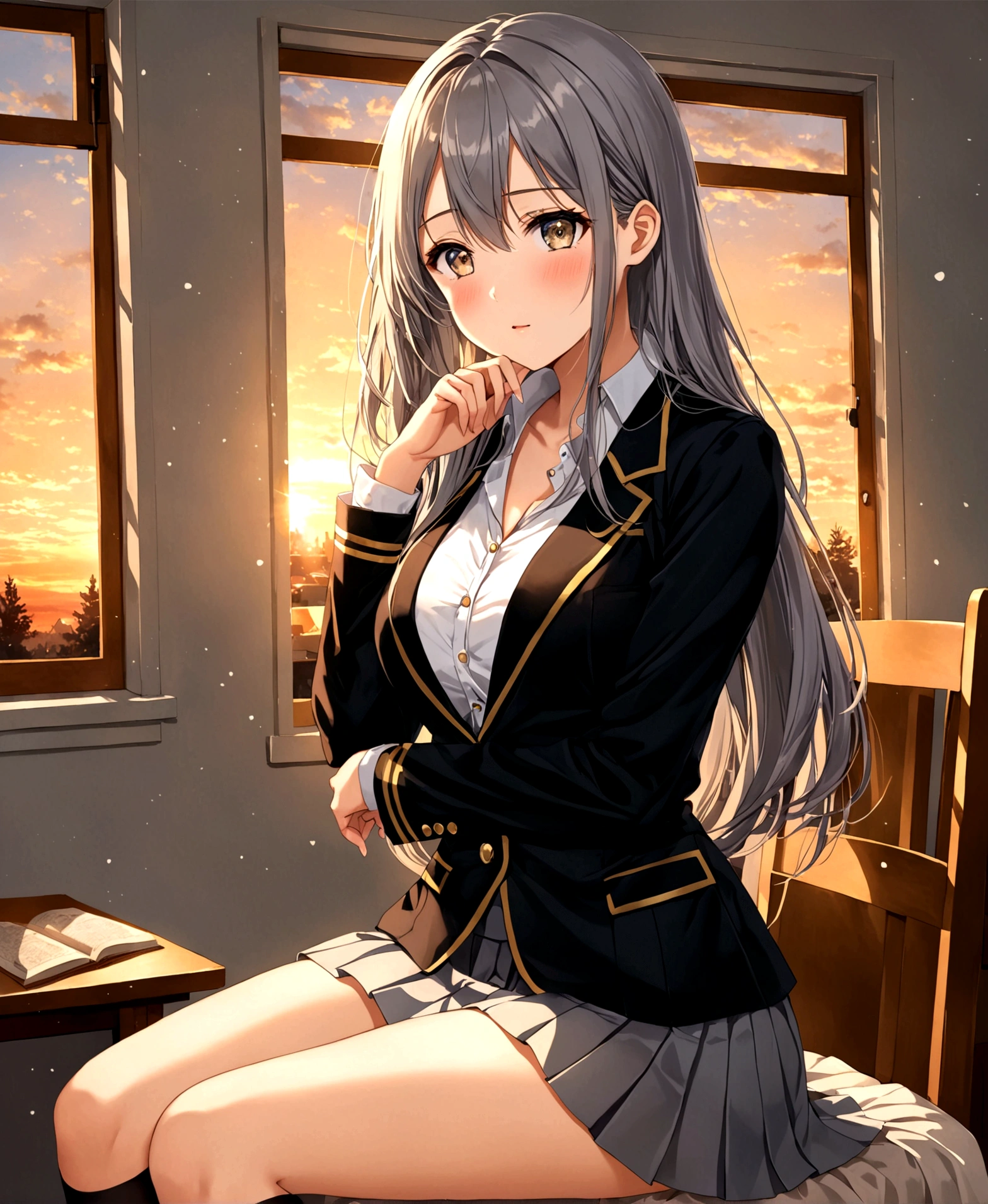 In a private school for women, a beautiful student, in the dormitory, in her room, sitting on a chair, window behind, winter, sunset, nostalgic, tears on her cheeks, running her fingers through her hair, looking at the viewer, crossing the legs, resting the hand on the lap, /(extremely long straight hair, almond-shaped eyes, hourglass-shaped athletic body, large breasts, medium hip, medium waist, shapely legs, perfect fingers, Greek nose, perfect hands, triangular face,), /(uniform: white V-neck blouse long sleeves, gray pleated mini skirt, black satin blazer with gold buttons, black thigh-high stockings held up by garters,),