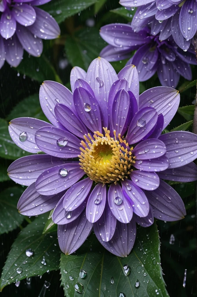 Acinamatic stunnig photography of Outside purple big beautiful cryestal flowers with rain drops