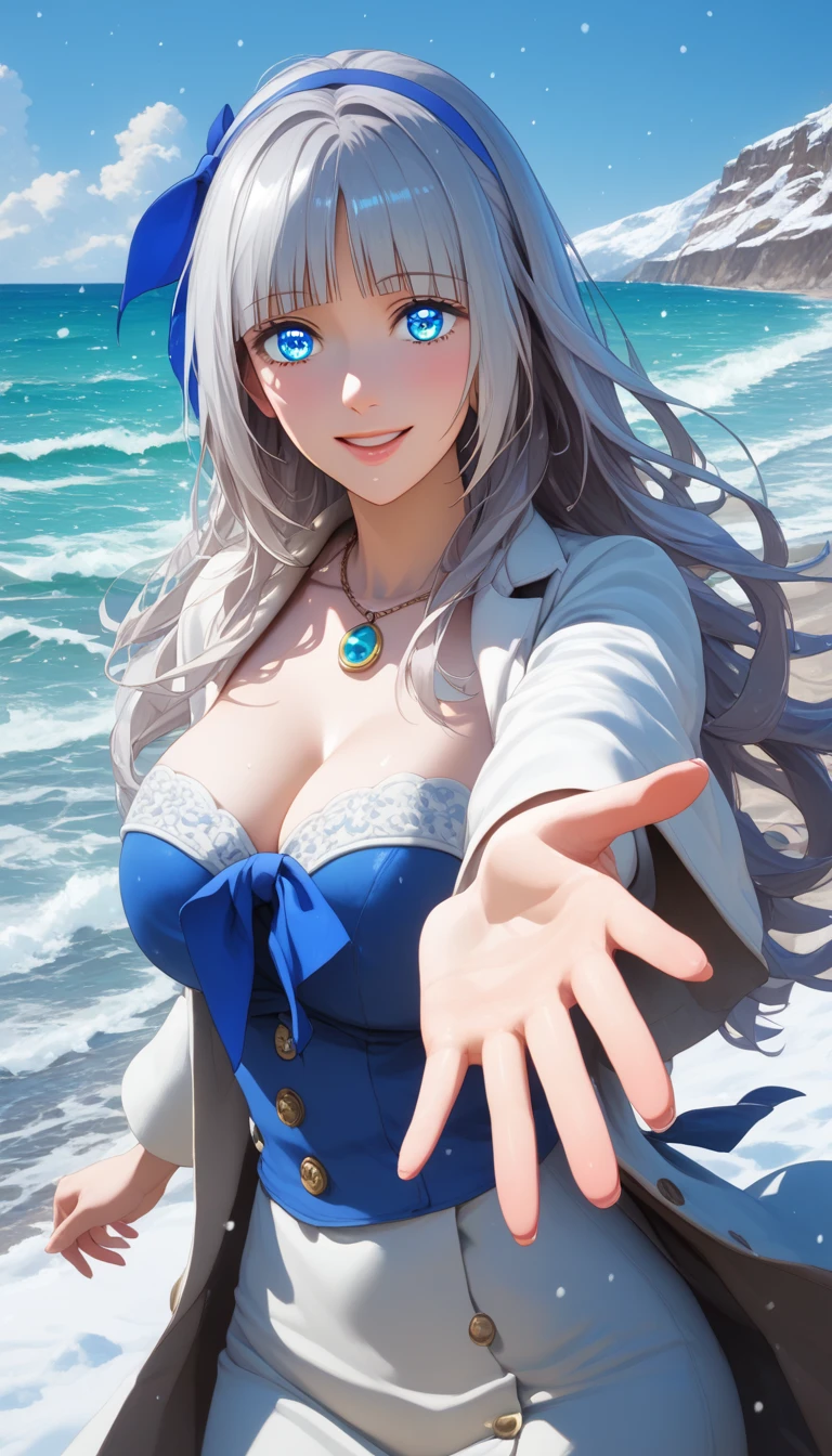 score_9, score_8_up, score_7_up, score_6_up, uncensored, mylene, long hair, silver hair, blue hairband, blue eyes, necklace, BREAK (masterpiece:1.2), best quality, high resolution, (detailed eyes:1.3), perfect lighting, (perfect hands, perfect anatomy), large breasts, soft focus, fantasy art, moon, full_moon, gloves, snow, outstretched_arms, ocean, black_gloves, 1girl, long_hair, waves, coat, solo, outdoors, black_coat, long_sleeves, water, snowing, buttons, breath, looking_at_viewer, winter, reaching_out, smile, spread_arms, winter_clothes