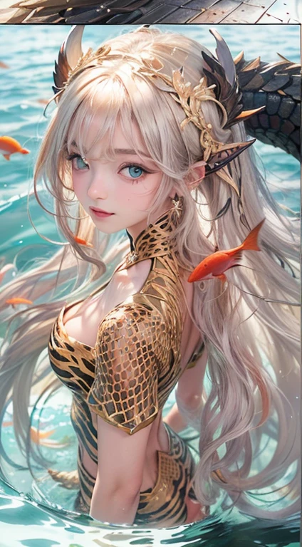 Low Girl, 10 yagon Princess, (Highest quality real textured skin),(Abysmal),(Are you okay, round, Symmetrical eyes),Delicate facial features,(Burning bright cold eyes), She has beautiful tiger eyes, Very slim and slender figure, naked, nude, (She has a mischievous smile),(Her face is kind and beautiful),Glass earrings in the ears,,(Blonde),(Silvery white hair),(Chestnut Hair),(Swim at the bottom of the ocean),(Full body portrait:1.5),(Dramatic Photos:1.4),(Dramatic Pose),(Flashy photos)(Look up),(Look down),(Around her neck is a simple necklace made with exquisite craftsmanship.),Cluttered picture,(Hair flowing in the water:1.5),(In the water, Life at sea, 美しいCoral Reef, fish),(Background vortices and currents),(Dramatic Light),(Nice views),(Surrounded by beautiful dragons),遠くの背景にはCoral Reefに沈んだ寺院が見える,Coral Reef,Spectacular realism,Cinematic feel,(High-density image review:1.5),(Soft colors:1.2),Super detailed,Dramatic Light,(Intricate details:1.1),Complex background,
