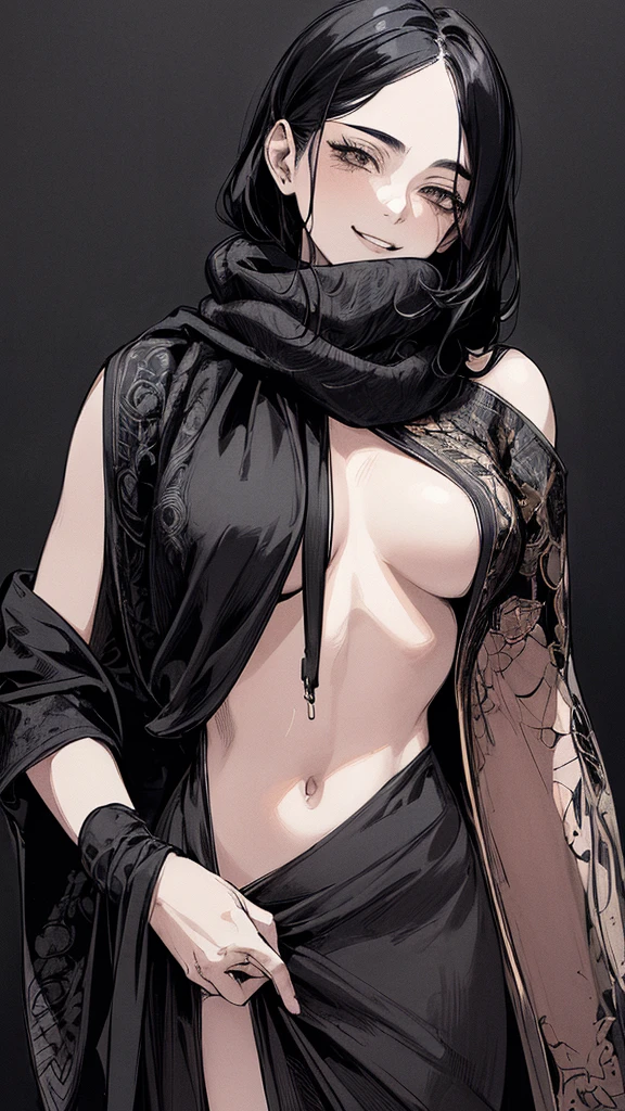 Highest quality, (Background details), High Contrast, Very beautiful woman, Detailed original illustrations, functional, Delicate face, Black Hair、Ninja, Ninja costume, scarf, Face covered with a hand towel, Charm, Bad boy, sexy, Real breasts, Crazy Smile, Crazy Eyes, Black Robe, Black background, (Black background: 1. 5), Beautiful line art, Monochrome