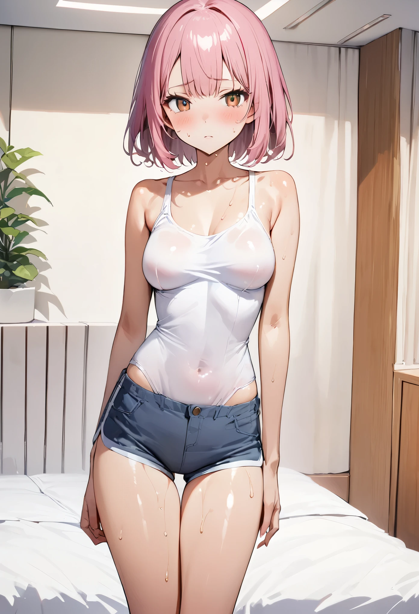 ((masterpiece,Highest quality:1.3,best quality illustration)),cowboy shot,1woman,16-year-old Japan beauty,((very small head:1.4)),short bob hair,bangs,(pink hair),brown eyes,gorgeous eyes,shy,medium breasts,((very long body)),(White tank top、Grey micro shorts),(toned body,slender body,skinny),gleaming skin,shiny skin,oily skin,sweat,standing,Simple bedroom、simple hotel、Tokyo