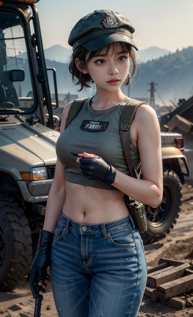 (8K, RAW photos, best quality, masterpiece:1.2),(Practical, Practicalな写真:1.4),(Highly detailed CG Unity 8K wallpaper),(Round Face: 1.5), (Fine pupils:1.3),(Cold eyes:1.1),(Unforgettable eyes:1.1),(You have beautiful eyes:1.1),
20 years old, Korean woman, Delicate and beautiful face,Dirty face, It's full of scars、Short hair and smart hair、Bronze skin, You are wearing clothes.s. Hold an assault rifle in both hands,Marines,Bulletproof vest、Backpack、heavy equipment、 Battles on the battlefield, Strong muscles, World War, Modern war themes,Army girl, running、Assault rifle with precise details, (Hold on to your rifle.: 1.3), (Aim and hold the rifle.: 1.3), Shootout, , Baseball cap, car on fire, War Zone,, explode, Burning City, cigarette, Broken Tower, belly button, Gloves, Torn pants, A face stained with mud and blood, Sweating of the skin, Bloody Skin, muddy skin, Declaration of determination, Accurate expression, best quality, Ultra-high resolution, Practicalな, 、Physically Based Rendering(Physically Based Rendering(Physically Based Rendering)), Movie Lighting, complicated, Feeling,Like soft light, Pleasant tone, Battlefield Background, city war background, Practical, Cowboy shooting, Dynamic Angle,, Mahindra Thar, electric wire, 8K!!, 偉大なmasterpiece,, Production: Tom Karafik、Impressive pose