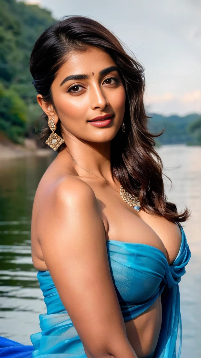 close up photo of 30 years old pooja hegde, doing hand to big  lying on river, swooping breasp cleavage, lomera, blue saree, French braid hair, 4K, HD