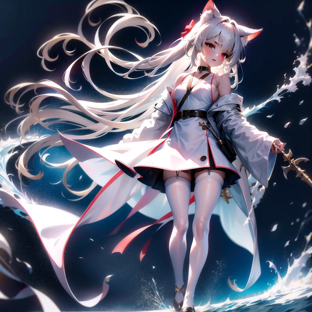 masterpiece, highest quality, highest resolution, clear_image, detailed details, White hair, long hair, cat ears, 1 girl, red eyes, white lab coat, white pantyhose, white scarf (around the neck), cute, full body, no water marks