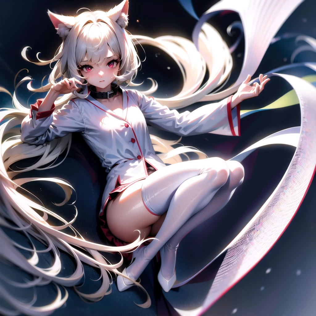 masterpiece, highest quality, highest resolution, clear_image, detailed details, White hair, long hair, cat ears, 1 girl, red eyes, white hoodie, black pantyhose, white scarf (white scarf around the neck with a light blue glow), gray futuristic halo (gray halo over the head), white wings (6 wings), cute, full body, no water marks, snow, city