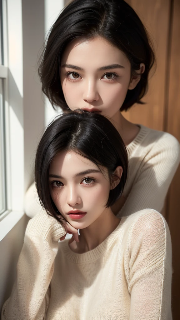 (masterpiece:1.3), (8K, realistic, raw photo, best quality: 1.4), (1 woman), beautiful face, (realistic face), (black hair, Short hair:1.3), beautiful hairstyle, realistic eyes, beautiful detailed eyes, (realistic skin), beautiful skin, (sweater), absurd, attractive, ultra high resolution, extremely realistic, very detailed, golden ratio, whole body, panties, split, big bust