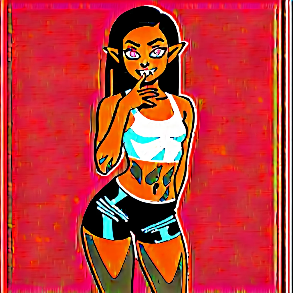Best quality, highly detailed, ultra detailed, 1 very Dark brown skin boy, flat chest, male chest, curvy body, long pink dreadlocks, pink dreadlocks, pink eyes, pointy ears on sides, fangs, sharp nails, lipgloss, wearing white croptop, biker shorts, biting a victim’s neck, livingroom scene