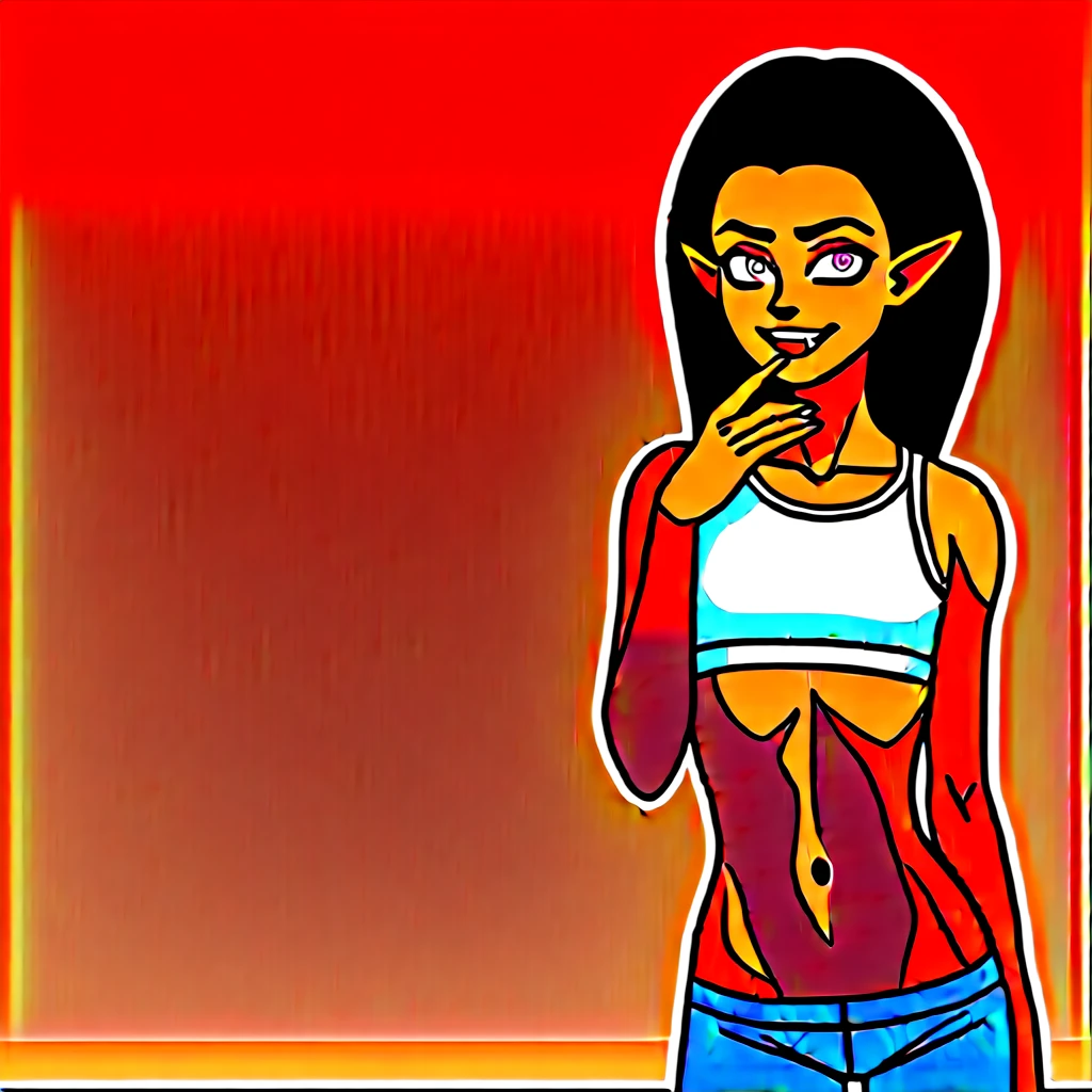 Best quality, highly detailed, ultra detailed, 1 very Dark brown skin boy, flat chest, male chest, curvy body, long pink dreadlocks, pink dreadlocks, pink eyes, pointy ears on sides, fangs, sharp nails, lipgloss, wearing white croptop, biker shorts, biting a victim’s neck, livingroom scene